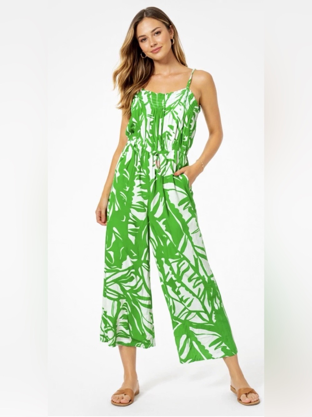 Lilly Pulitzer Womens Medium Kelly Green Tropical Leaf Smocked Crop Pants Romper